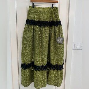 LA FUORI Green Sequin Midi Skirt with Black Lace Trim Size L Large NWT $495